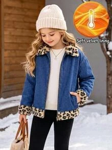 SHEIN 女童秋冬深藍色牛仔豹紋抓絨內裡寬鬆長袖夾克 - 藍色 - 查看 1