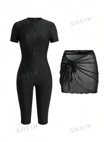 Swim Shayni بدلة سباحة قصيرة الأكمام بسحّاب أمامي، قطعة واحدة من الشبك مربوطة، مناسبة للحشمة، باللون الأسود، مناسبة للبحر والربيع والصيف - الأسود - مشاهدة 3