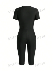 Swim Shayni بدلة سباحة قصيرة الأكمام بسحّاب أمامي، قطعة واحدة من الشبك مربوطة، مناسبة للحشمة، باللون الأسود، مناسبة للبحر والربيع والصيف - الأسود - مشاهدة 5
