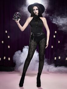 ROMWE Dark Gothic Halloween Castle Church Cross Lace Sheer Tight Leggings - Black - View 1