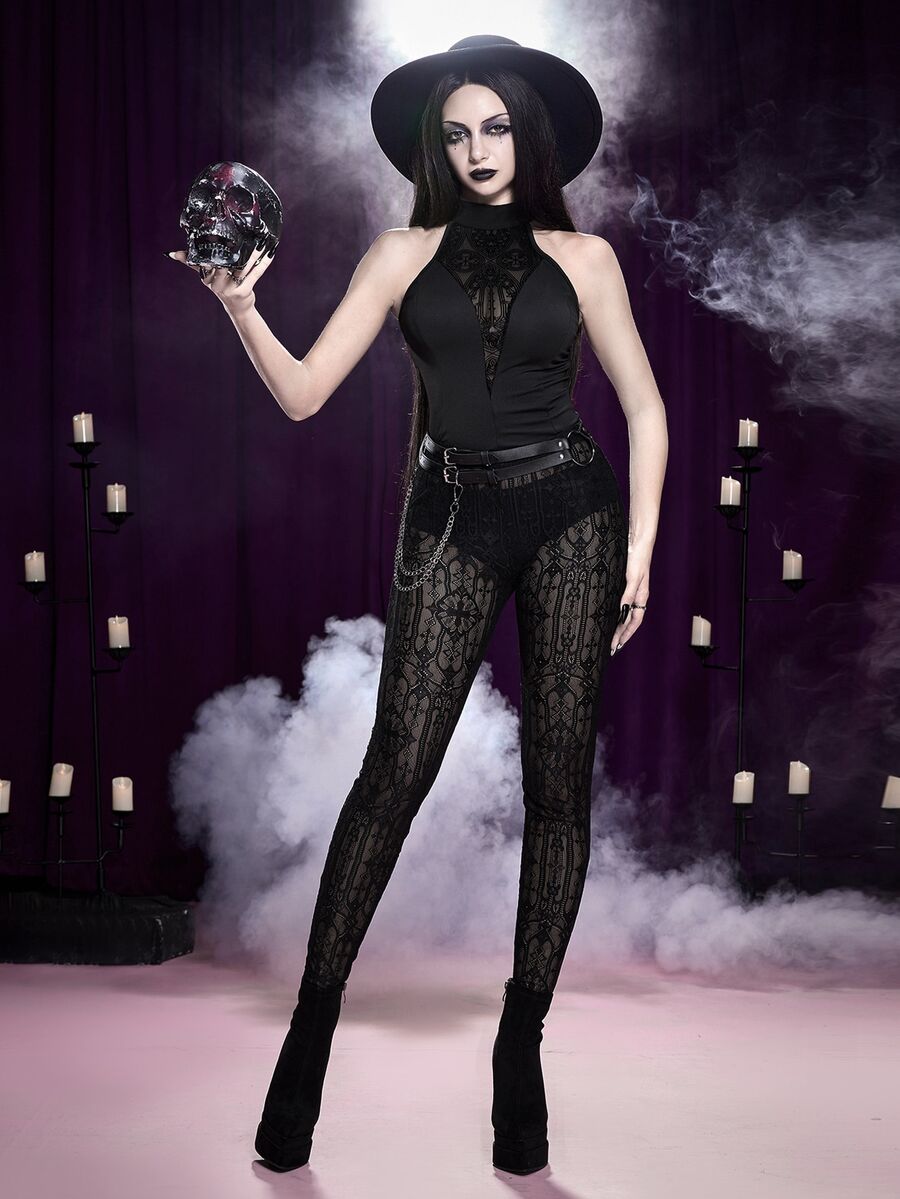 ROMWE Dark Gothic Halloween Castle Church Cross Lace Sheer Tight Leggings - Black - View 1