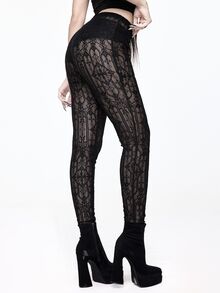 ROMWE Dark Gothic Halloween Castle Church Cross Lace Sheer Tight Leggings - Black - View 6