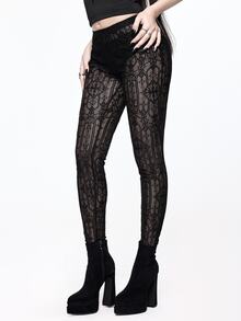 ROMWE Dark Gothic Halloween Castle Church Cross Lace Sheer Tight Leggings - Black - View 7