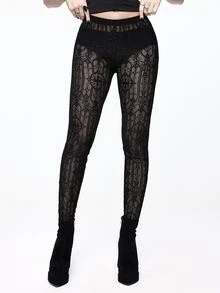 ROMWE Dark Gothic Halloween Castle Church Cross Lace Sheer Tight Leggings - Black - View 4