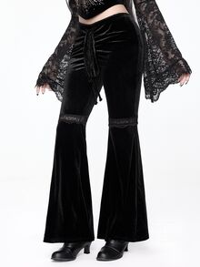 ROMWE Goth Spider Web Print Drawstring Front Flare Leg Pants - Black - View 4