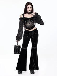 ROMWE Goth Spider Web Print Drawstring Front Flare Leg Pants - Black - View 8