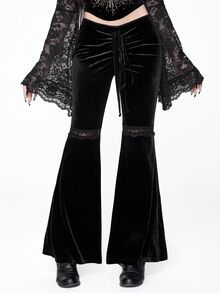 ROMWE Goth Spider Web Print Drawstring Front Flare Leg Pants - Black - View 2