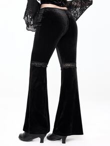 ROMWE Goth Spider Web Print Drawstring Front Flare Leg Pants - Black - View 3