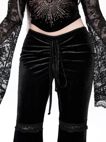 ROMWE Goth Spider Web Print Drawstring Front Flare Leg Pants - Black - View 5
