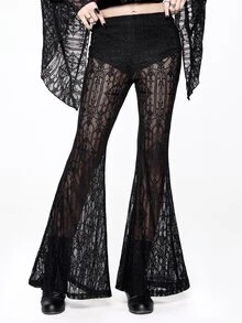 ROMWE Dark Gothic Halloween Outfit Church Castle Lace Sheer Women's Flare Pants - Black - View 2