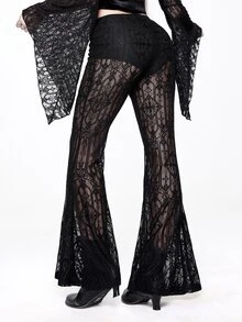 ROMWE Dark Gothic Halloween Outfit Church Castle Lace Sheer Women's Flare Pants - Black - View 9