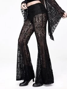 ROMWE Dark Gothic Halloween Outfit Church Castle Lace Sheer Women's Flare Pants - Black - View 4