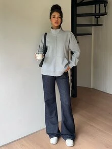 SHEIN Jaket Sweatshirt Kerah Tegak Berlapisan Termal Warna Solid Baru untuk Perjalanan Santai dan Sarapan Setiap Hari, Abu-abu Muda Musim Dingin - Grey - View 6
