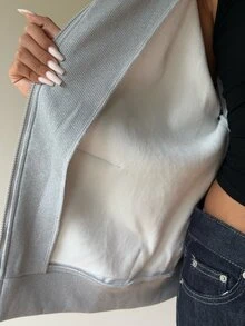SHEIN Jaket Sweatshirt Kerah Tegak Berlapisan Termal Warna Solid Baru untuk Perjalanan Santai dan Sarapan Setiap Hari, Abu-abu Muda Musim Dingin - Grey - View 7