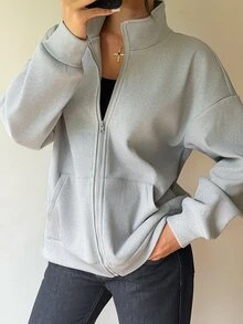 SHEIN Jaket Sweatshirt Kerah Tegak Berlapisan Termal Warna Solid Baru untuk Perjalanan Santai dan Sarapan Setiap Hari, Abu-abu Muda Musim Dingin - Grey - View 5