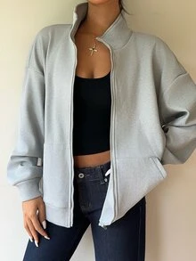 SHEIN Jaket Sweatshirt Kerah Tegak Berlapisan Termal Warna Solid Baru untuk Perjalanan Santai dan Sarapan Setiap Hari, Abu-abu Muda Musim Dingin - Grey - View 4