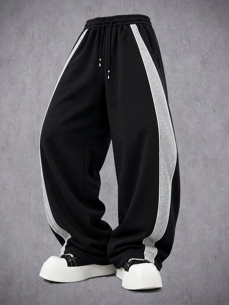 Manfinity Denimwave Men Contrast Side Seam Drawstring Waist Pants Beach Vacation Black Autumn Streetwear - Black - View 4