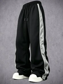 Manfinity Denimwave Men Contrast Side Seam Drawstring Waist Pants Beach Vacation Black Autumn Streetwear - Black - View 3