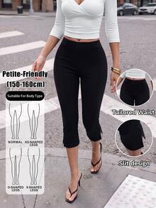 SHEIN PETITE Legging Hitam Polos Elegan Berpinggang Tinggi untuk Wanita Bertubuh Mungil - Cocok untuk Semua Musim. - Hitam - View 5
