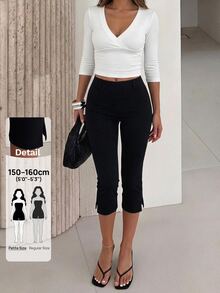 SHEIN PETITE Legging Hitam Polos Elegan Berpinggang Tinggi untuk Wanita Bertubuh Mungil - Cocok untuk Semua Musim. - Hitam - View 3
