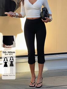 SHEIN PETITE Legging Hitam Polos Elegan Berpinggang Tinggi untuk Wanita Bertubuh Mungil - Cocok untuk Semua Musim. - Hitam - View 1