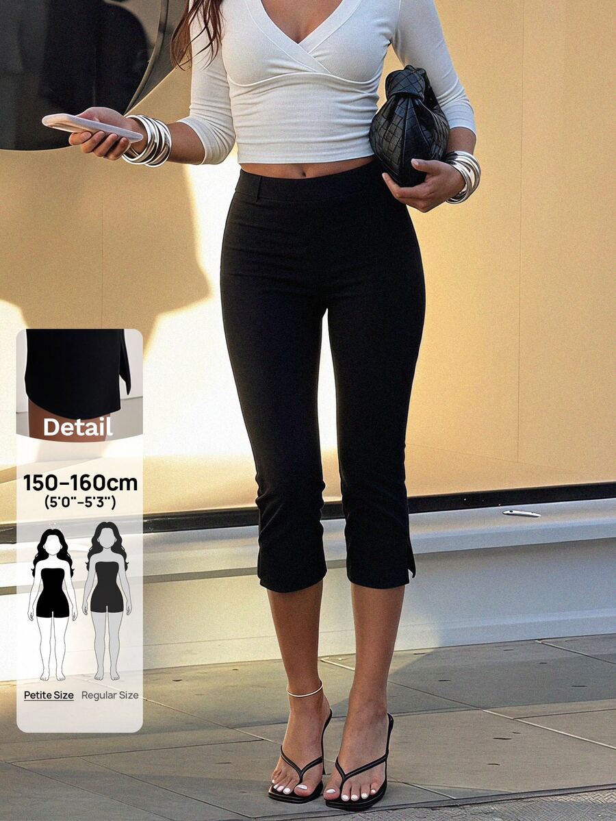 SHEIN PETITE Legging Hitam Polos Elegan Berpinggang Tinggi untuk Wanita Bertubuh Mungil - Cocok untuk Semua Musim. - Hitam - View 1