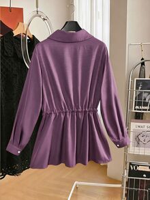 Lacomfia Dark Purple Collared Zip-Up Waist-Cinching Drawstring Long Sleeve Versatile Minimalist Casual Everyday Plus Size Jacket - Purple - View 2