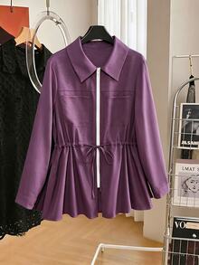 Lacomfia Dark Purple Collared Zip-Up Waist-Cinching Drawstring Long Sleeve Versatile Minimalist Casual Everyday Plus Size Jacket - Purple - View 3