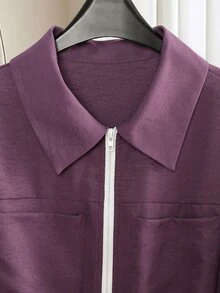 Lacomfia Dark Purple Collared Zip-Up Waist-Cinching Drawstring Long Sleeve Versatile Minimalist Casual Everyday Plus Size Jacket - Purple - View 4