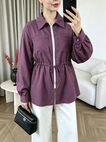 Lacomfia Dark Purple Collared Zip-Up Waist-Cinching Drawstring Long Sleeve Versatile Minimalist Casual Everyday Plus Size Jacket - Purple - View 1