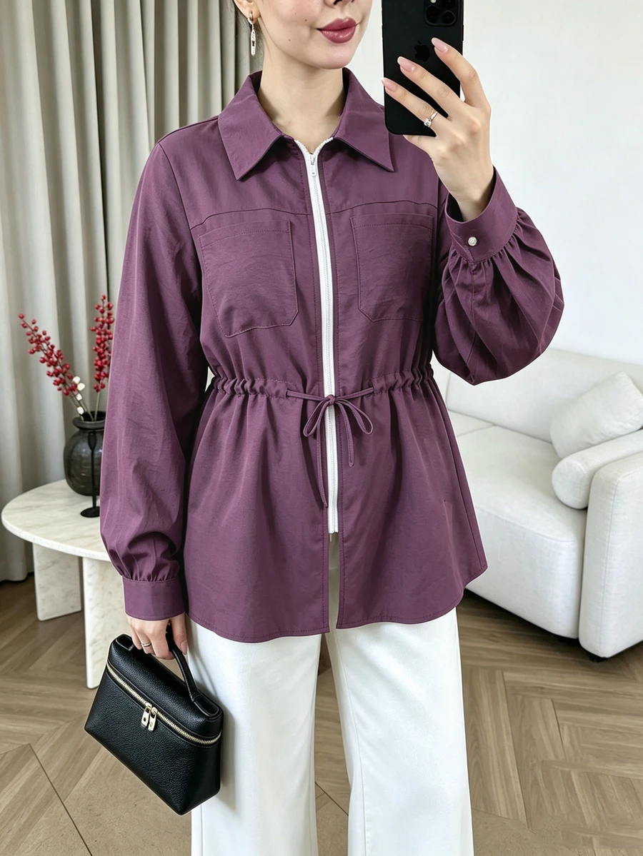 Lacomfia Dark Purple Collared Zip-Up Waist-Cinching Drawstring Long Sleeve Versatile Minimalist Casual Everyday Plus Size Jacket - Purple - View 1