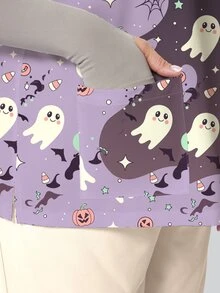 PopScrub Halloween Theme Fun Ghost Pumpkin Cartoon Colorblock Print Plus Size Women's Nurse Scrub Top, Fashion V-Neck Short Sleeve With Pockets, Loop Design And Side Slit, Spring/Autumn Uniform Top - Multicolor - View 5