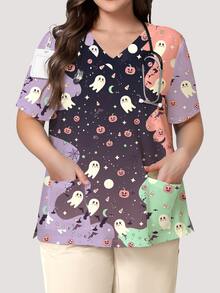 PopScrub Halloween Theme Fun Ghost Pumpkin Cartoon Colorblock Print Plus Size Women's Nurse Scrub Top, Fashion V-Neck Short Sleeve With Pockets, Loop Design And Side Slit, Spring/Autumn Uniform Top - Multicolor - View 1
