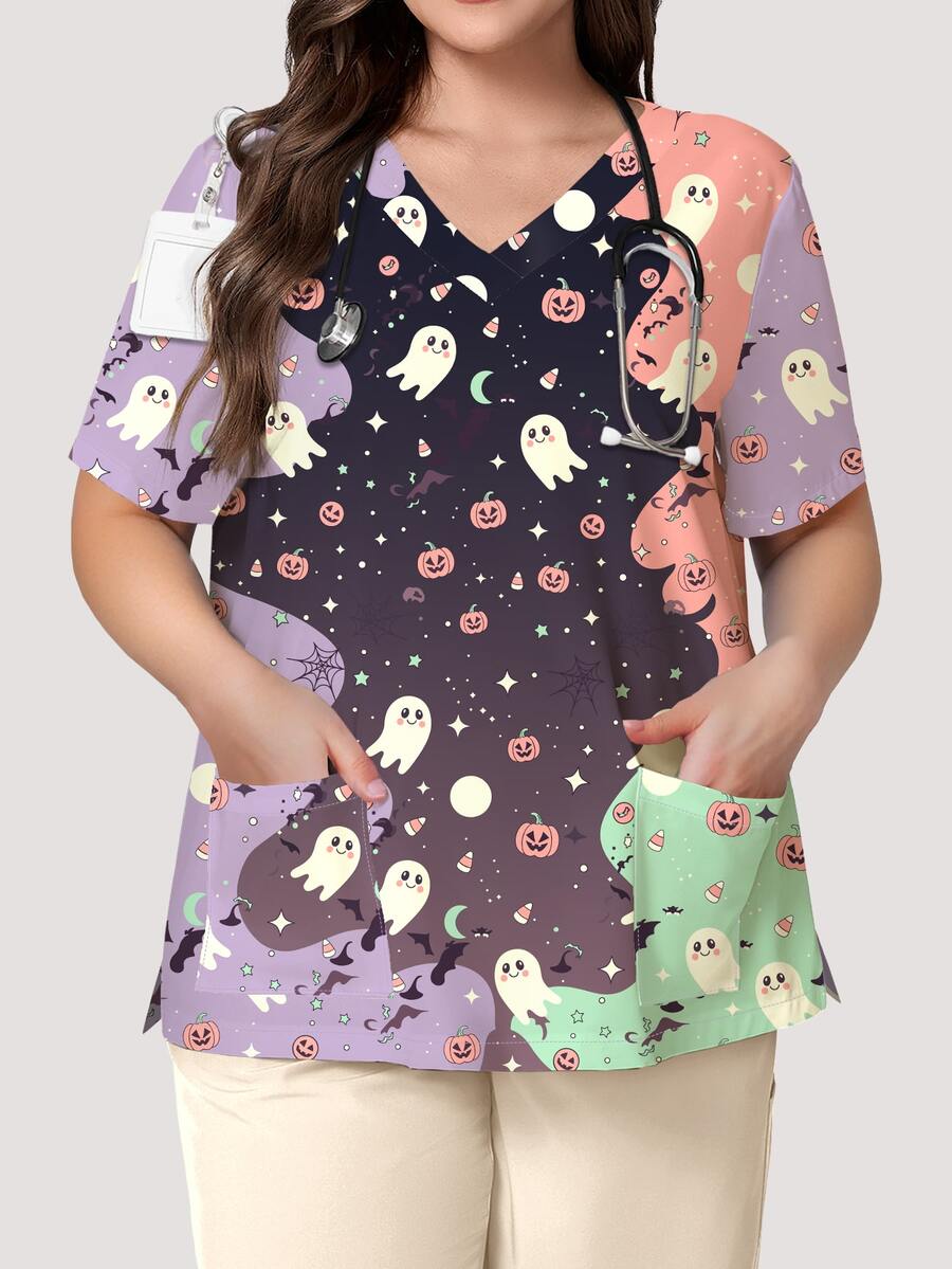 PopScrub Halloween Theme Fun Ghost Pumpkin Cartoon Colorblock Print Plus Size Women's Nurse Scrub Top, Fashion V-Neck Short Sleeve With Pockets, Loop Design And Side Slit, Spring/Autumn Uniform Top - Multicolor - View 1