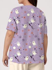 PopScrub Halloween Theme Fun Ghost Pumpkin Cartoon Colorblock Print Plus Size Women's Nurse Scrub Top, Fashion V-Neck Short Sleeve With Pockets, Loop Design And Side Slit, Spring/Autumn Uniform Top - Multicolor - View 2