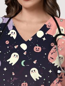 PopScrub Halloween Theme Fun Ghost Pumpkin Cartoon Colorblock Print Plus Size Women's Nurse Scrub Top, Fashion V-Neck Short Sleeve With Pockets, Loop Design And Side Slit, Spring/Autumn Uniform Top - Multicolor - View 4