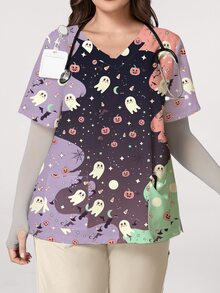 PopScrub Halloween Theme Fun Ghost Pumpkin Cartoon Colorblock Print Plus Size Women's Nurse Scrub Top, Fashion V-Neck Short Sleeve With Pockets, Loop Design And Side Slit, Spring/Autumn Uniform Top - Multicolor - View 3