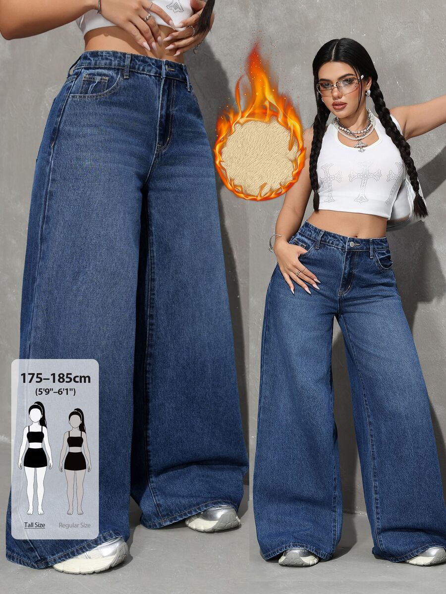 SHEIN Tall 女款街頭風休閒街頭牛仔褲，鈕扣口袋直筒褲，秋冬正式商務日常時尚基本哥德風，海軍藍，外出穿搭