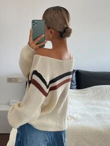 DAZY Sweater Wanita Lengan Panjang Longgar Kasual untuk Liburan Musim Semi dan Gugur dengan Motif Garis-Garis Blok Warna dan Bahu Asimetris - Aprikot - View 6
