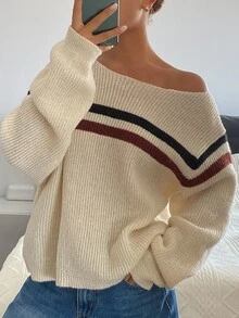 DAZY Sweater Wanita Lengan Panjang Longgar Kasual untuk Liburan Musim Semi dan Gugur dengan Motif Garis-Garis Blok Warna dan Bahu Asimetris - Aprikot - View 1
