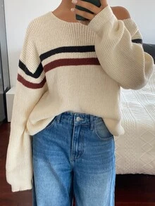 DAZY Sweater Wanita Lengan Panjang Longgar Kasual untuk Liburan Musim Semi dan Gugur dengan Motif Garis-Garis Blok Warna dan Bahu Asimetris - Aprikot - View 2