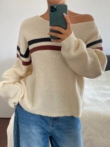 DAZY Sweater Wanita Lengan Panjang Longgar Kasual untuk Liburan Musim Semi dan Gugur dengan Motif Garis-Garis Blok Warna dan Bahu Asimetris - Aprikot - View 3