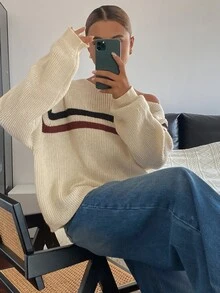 DAZY Sweater Wanita Lengan Panjang Longgar Kasual untuk Liburan Musim Semi dan Gugur dengan Motif Garis-Garis Blok Warna dan Bahu Asimetris - Aprikot - View 4