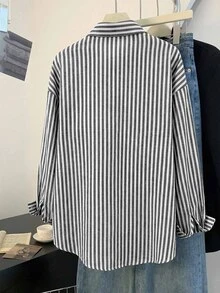 Franclia 女士条纹单排扣休闲百搭日常长袖衬衫 - 黑與白 - 查看 3