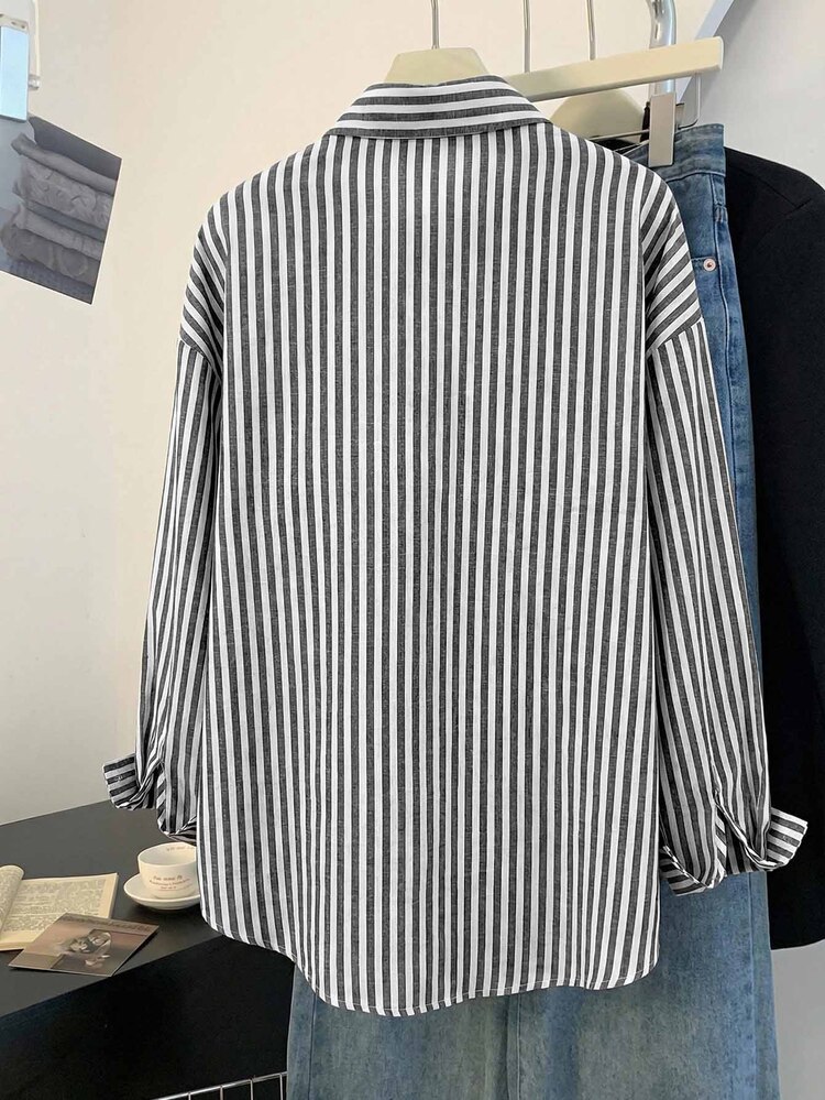 Franclia Women Summer Blouses Black White Striped Cotton Blend Oversized Silhouette Drop Shoulder Single Breasted Curved Hem Casual Office Autumn Spring Shirt - Black and White - View 2