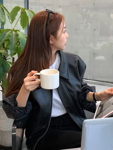 DAZY Women's Solid Color Zipper Casual Street Daily Long Sleeve Leather Jacket Fall Winter Everyday Going Out Black - Black - View 6
