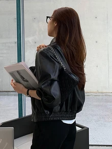 DAZY Women's Solid Color Zipper Casual Street Daily Long Sleeve Leather Jacket Fall Winter Everyday Going Out Black - Black - View 7