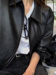 DAZY Women's Solid Color Zipper Casual Street Daily Long Sleeve Leather Jacket Fall Winter Everyday Going Out Black - Black - View 13