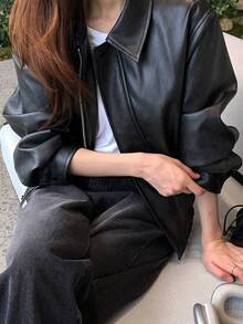 DAZY Women's Solid Color Zipper Casual Street Daily Long Sleeve Leather Jacket Fall Winter Everyday Going Out Black - Black - View 9