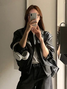 DAZY Women's Solid Color Zipper Casual Street Daily Long Sleeve Leather Jacket Fall Winter Everyday Going Out Black - Black - View 1